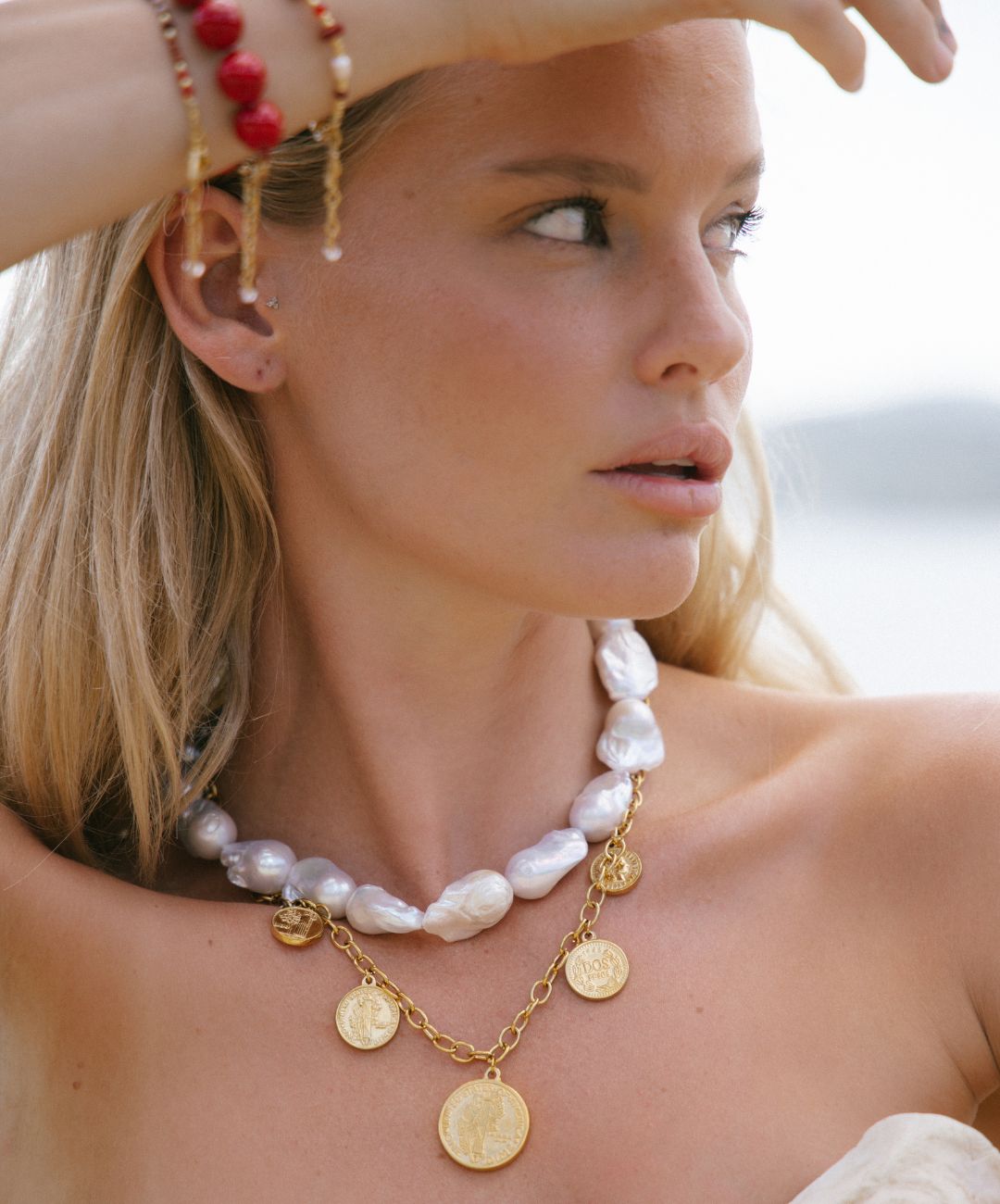 Statement Ketting dames, grote parel ketting, Dames ketting met gouden munten, statement ketting